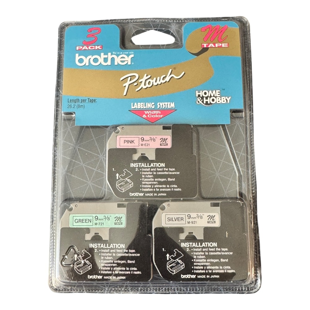 Brother P Touch Label Maker Tape 3 Pack M‎ Pink Green Silver M-E21 M-721 M - 921